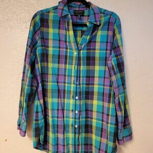 Foxcroft Women’s Shirt Green Multi Plaid Sz 10 Button Up Wrinkle free